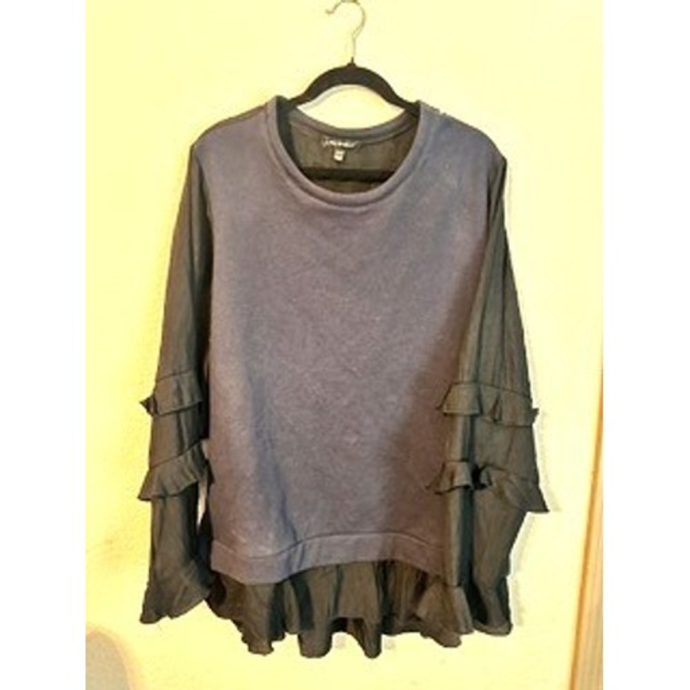 Lane Bryant Mixed Media Top Womens 22/24 Navy Blue Excellent Ruffle Sleeve Hem